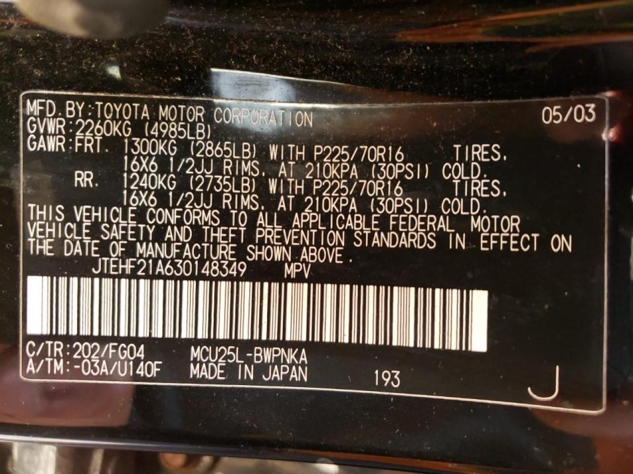 Photo 10 from auction – 2003 TOYOTA HIGHLANDER with VIN JTEHF21A630148349