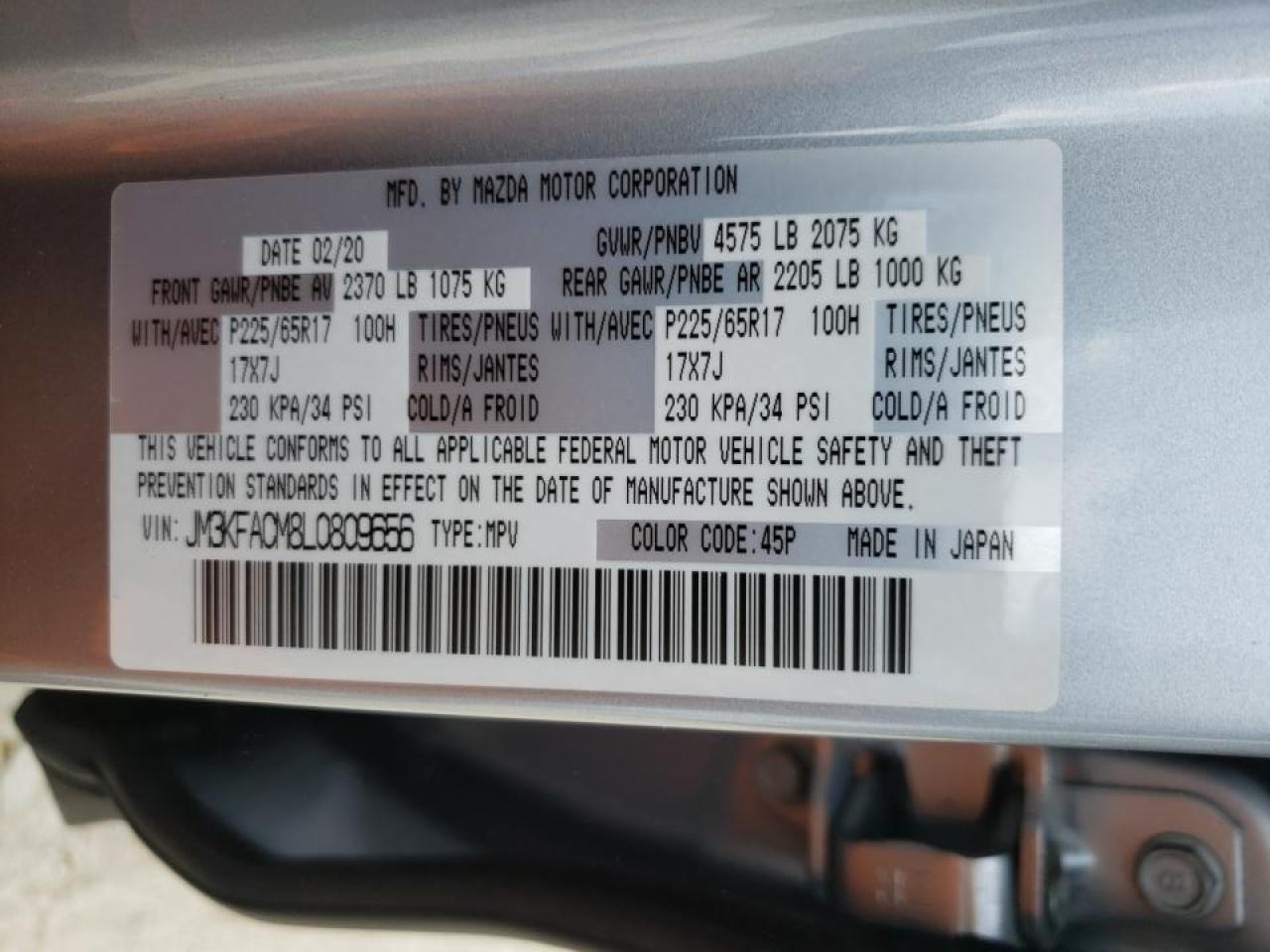 Photo 10 from auction – 2020 MAZDA CX-5 TOURI with VIN JM3KFACM8L0809656