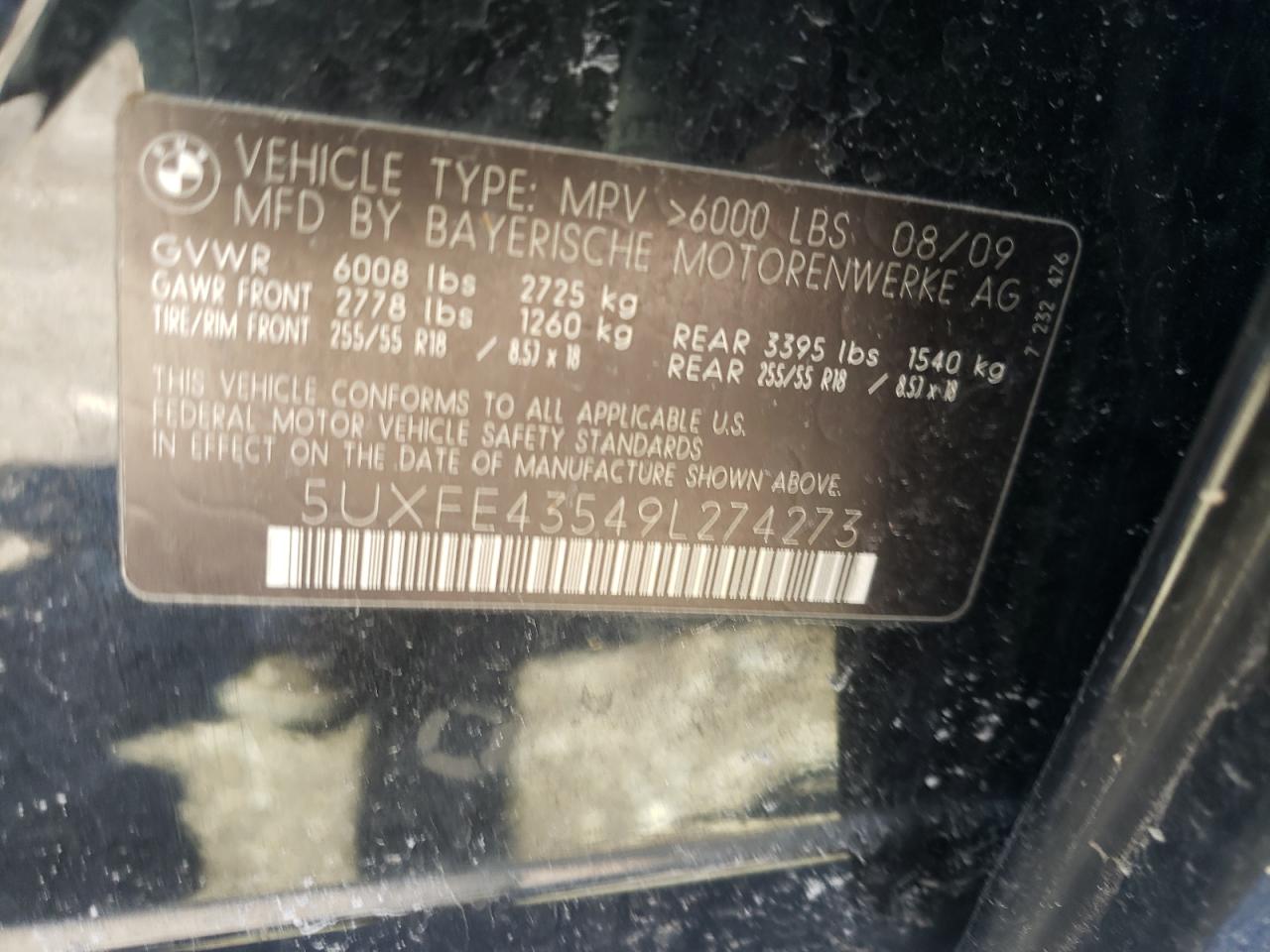 Photo 10 from auction – 2009 BMW X5 XDRIVE3 with VIN 5UXFE43549L274273