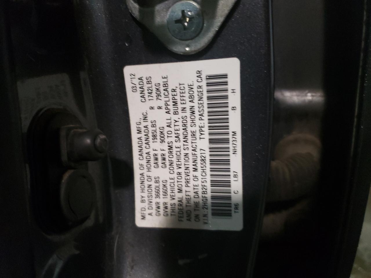 Photo 10 from auction – 2012 HONDA CIVIC LX with VIN 2HGFB2F51CH558217