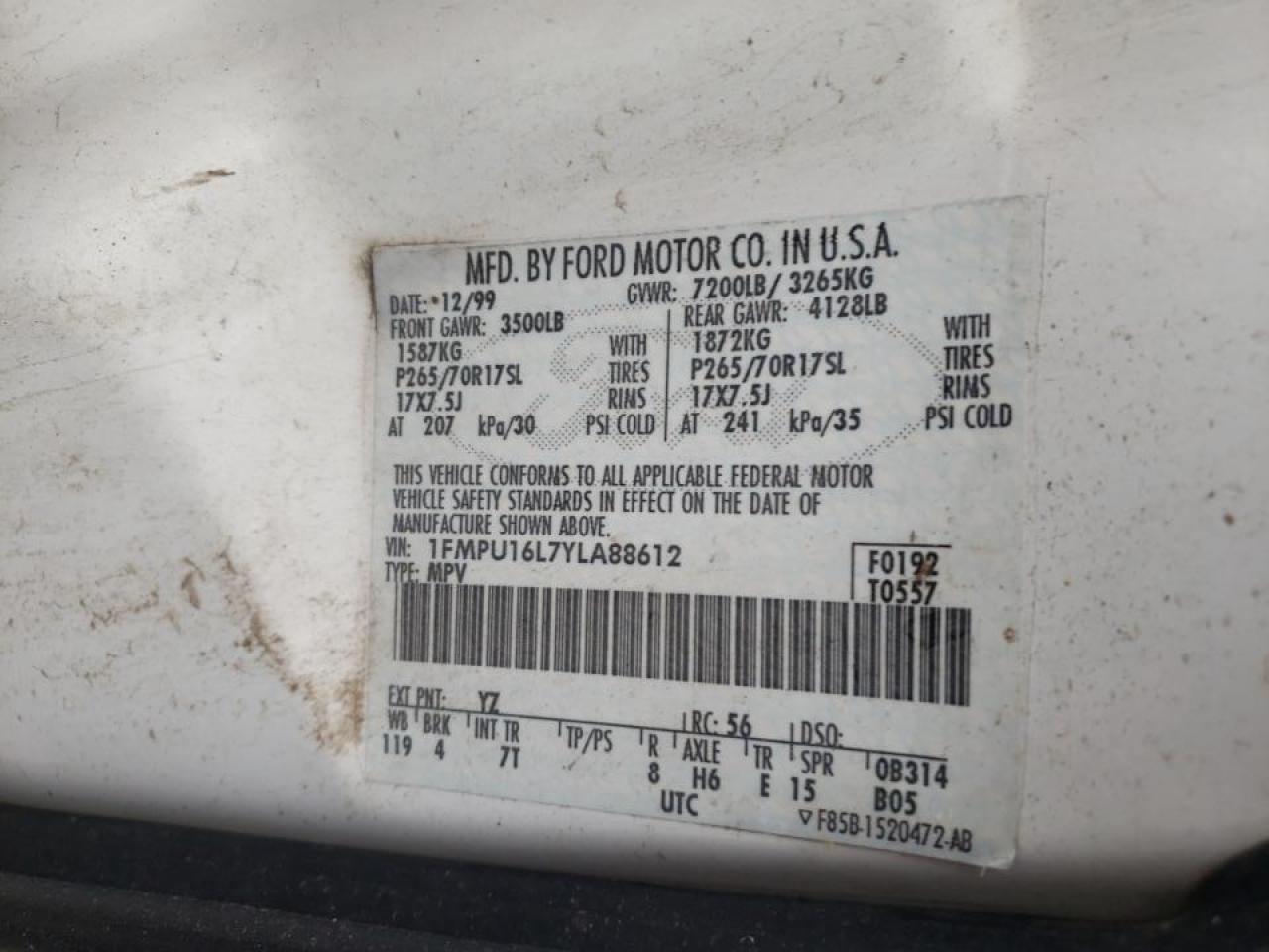 Photo 10 from auction – 2000 FORD EXPEDITION with VIN 1FMPU16L7YLA88612