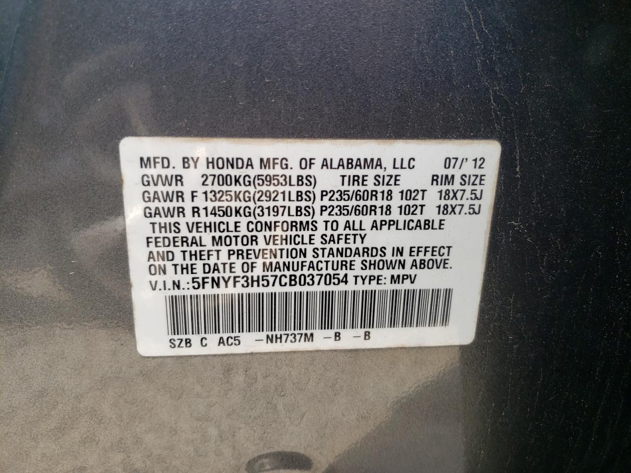 Photo 10 from auction – 2012 HONDA PILOT EXL with VIN 5FNYF3H57CB037054