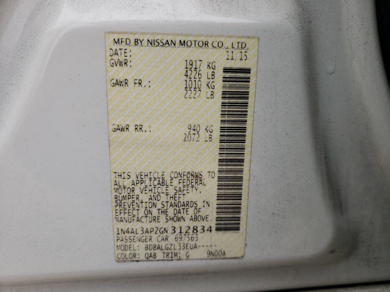 Photo 10 from auction – 2016 NISSAN ALTIMA 2.5 with VIN 1N4AL3AP2GN312834