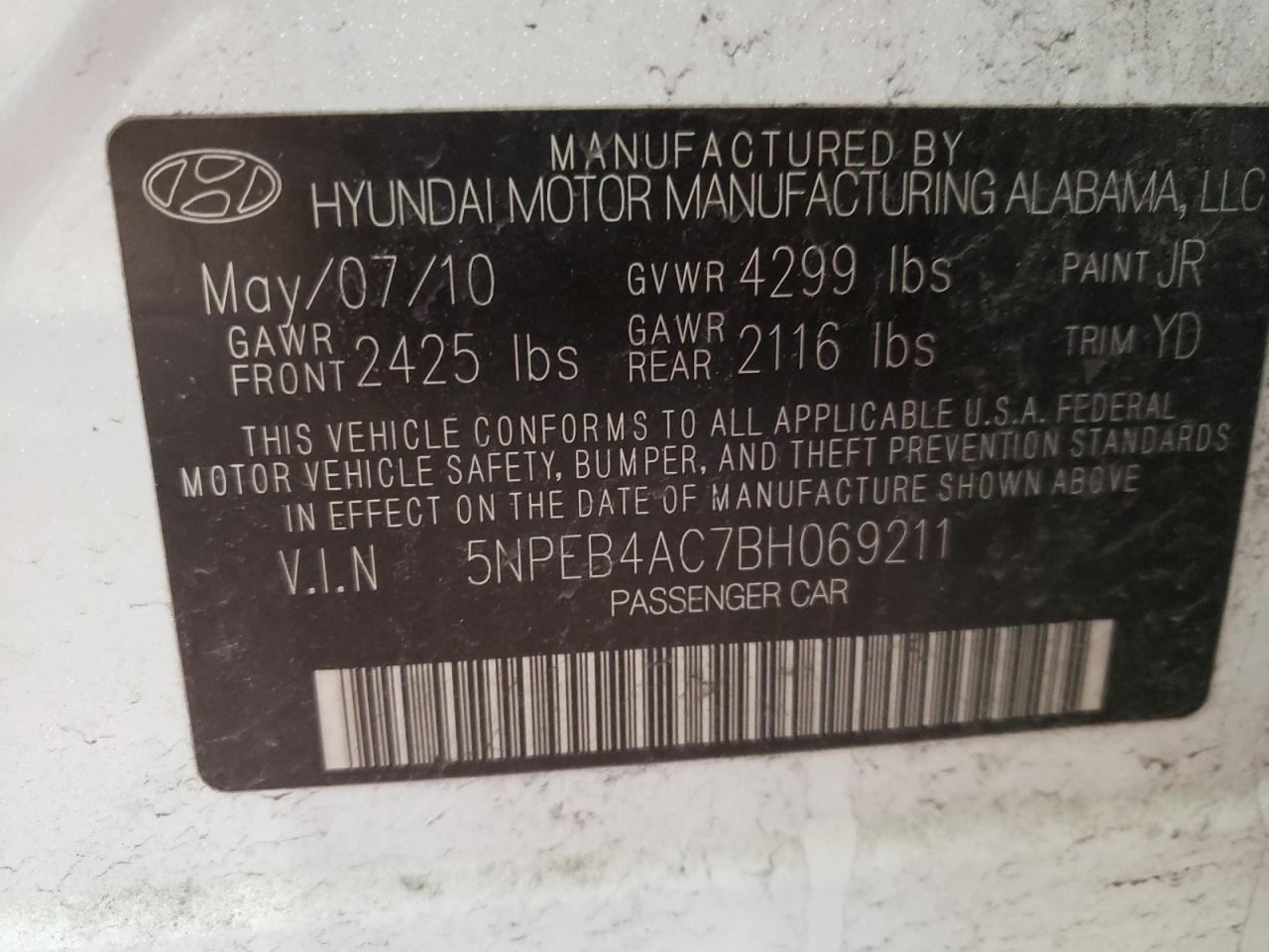 Photo 10 from auction – 2011 HYUNDAI SONATA GLS with VIN 5NPEB4AC7BH069211