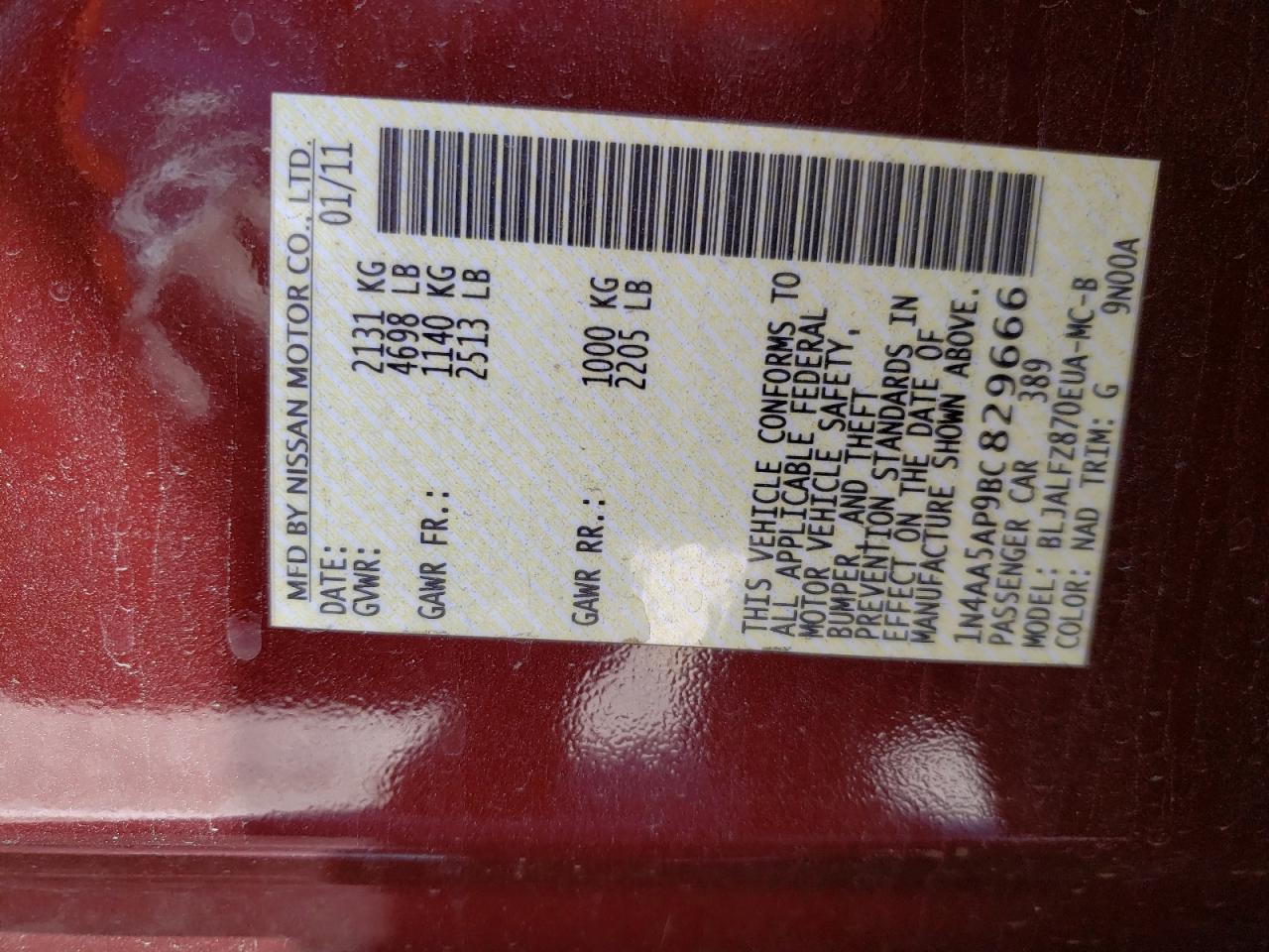 Photo 10 from auction – 2011 NISSAN MAXIMA S with VIN 1N4AA5AP9BC829666