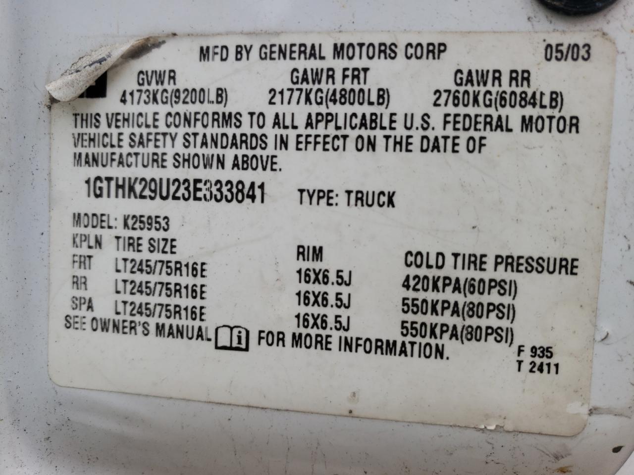 Photo 10 from auction – 2003 GMC SIERRA K25 with VIN 1GTHK29U23E333841