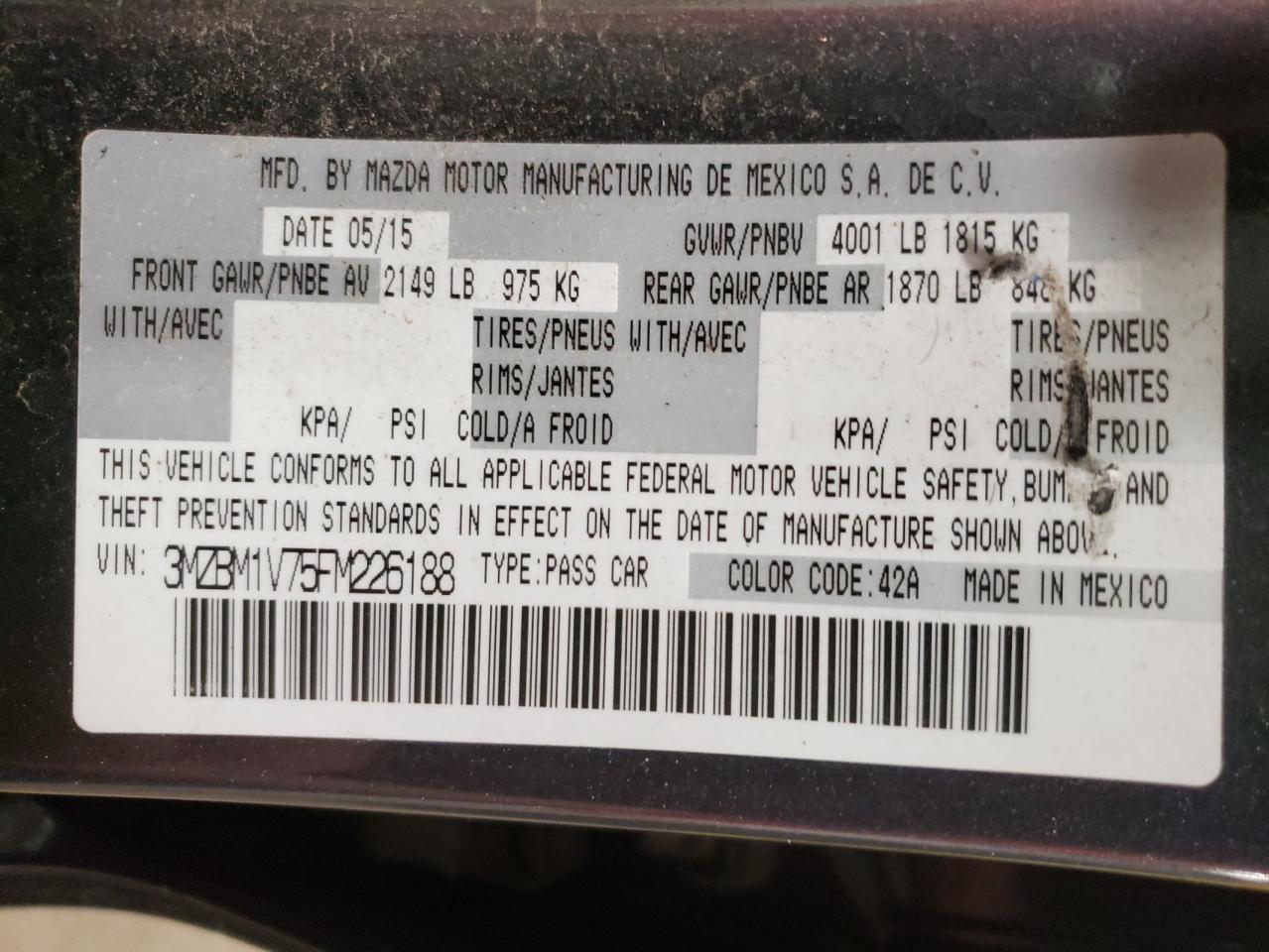 Photo 10 from auction – 2015 MAZDA 3 with VIN 3MZBM1V75FM226188