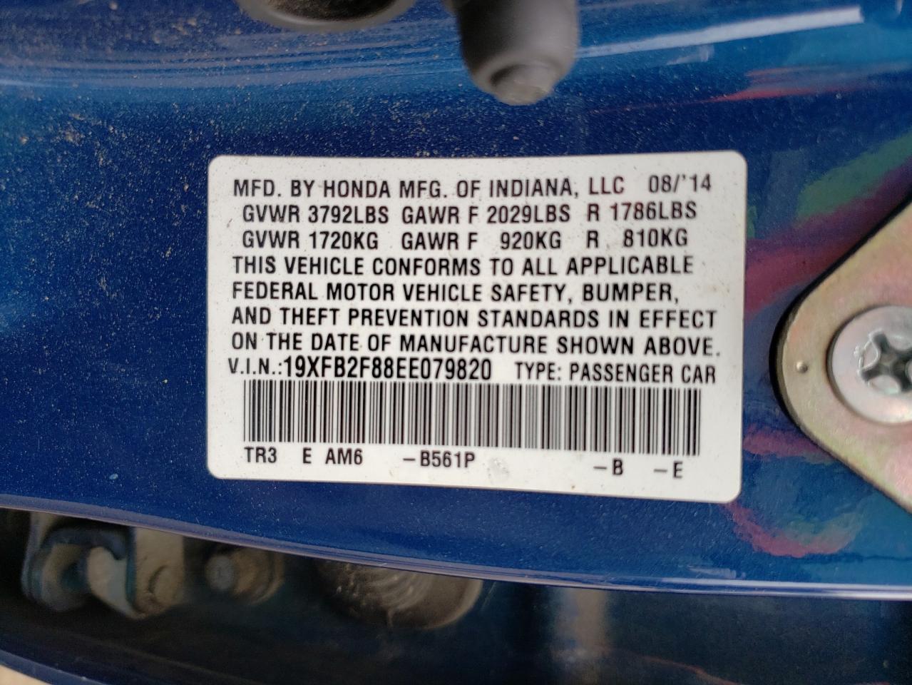 Photo 10 from auction – 2014 HONDA CIVIC EX with VIN 19XFB2F88EE079820