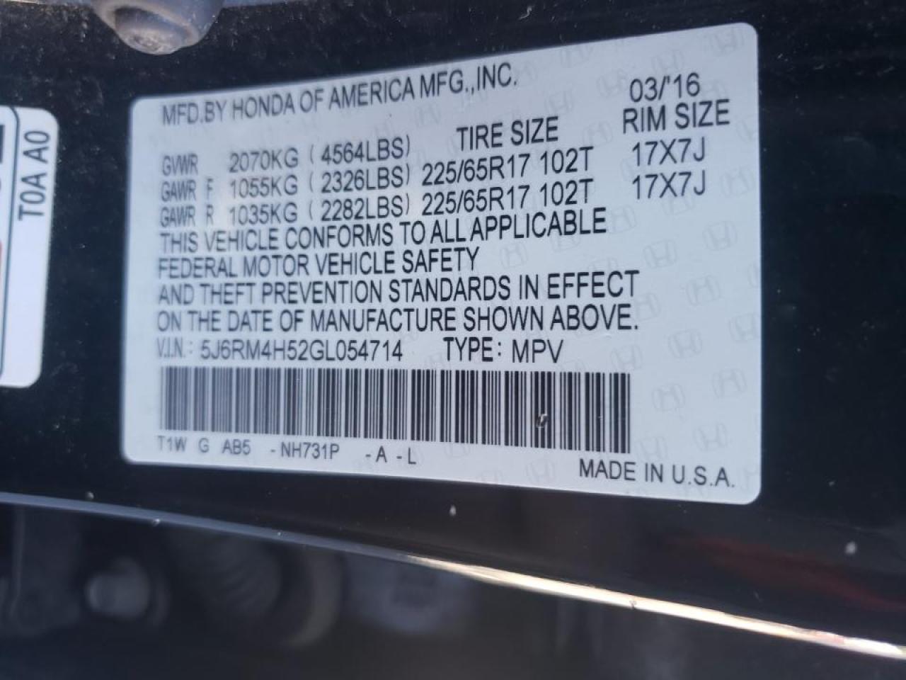 Photo 10 from auction – 2016 HONDA CR-V EX with VIN 5J6RM4H52GL054714