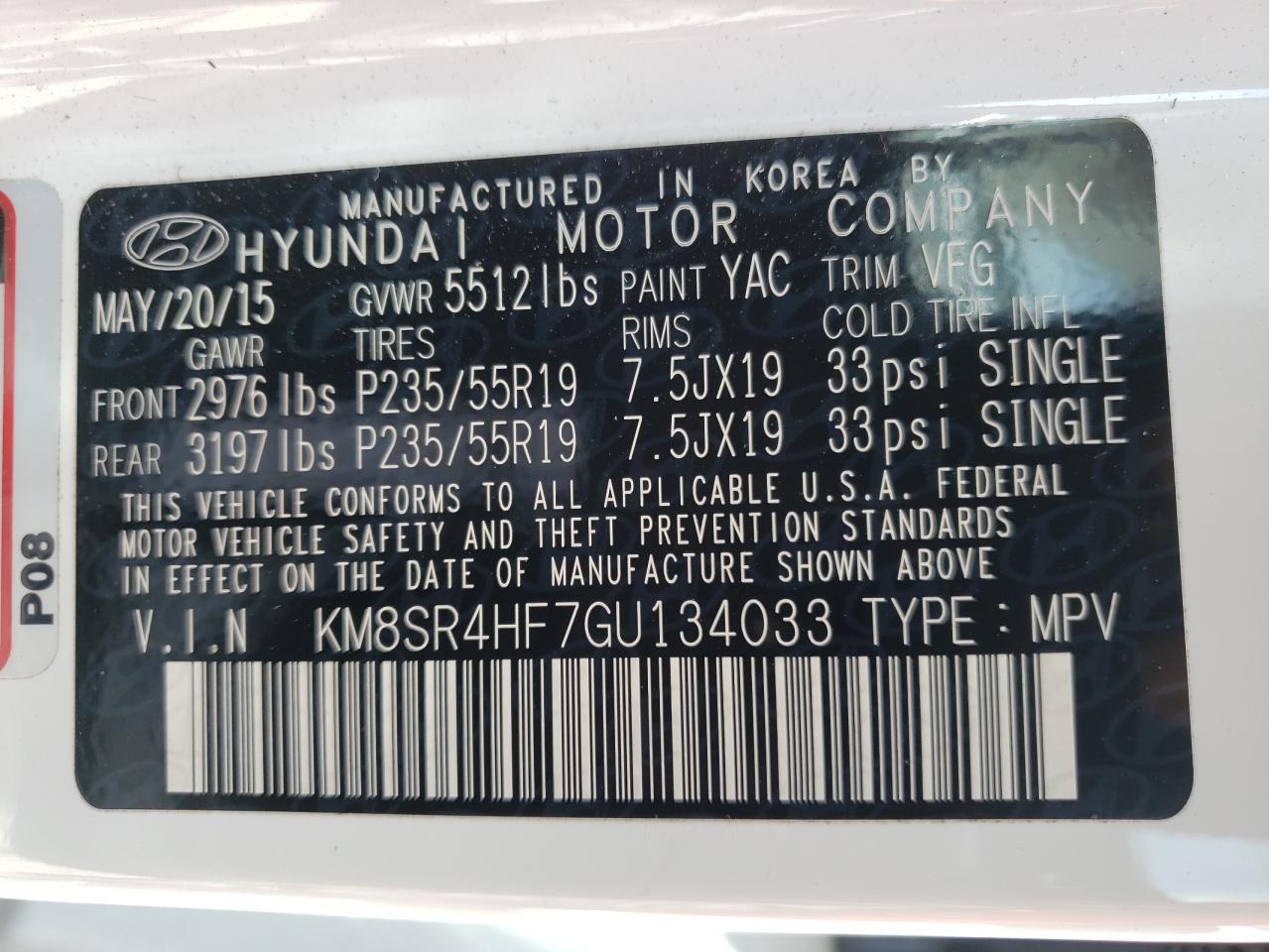 Photo 10 from auction – 2016 HYUNDAI SANTA FE S with VIN KM8SR4HF7GU134033