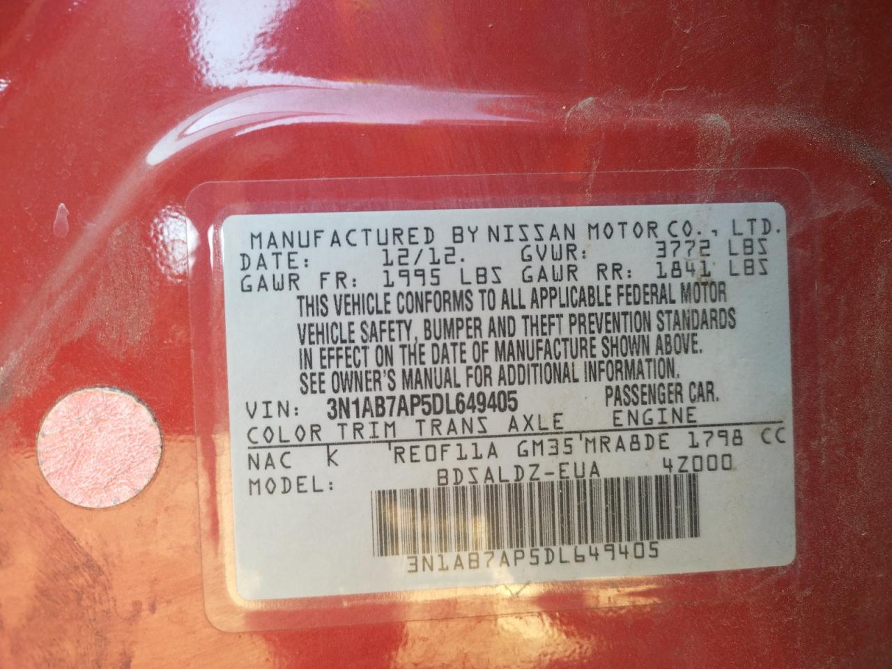 Photo 10 from auction – 2013 NISSAN SENTRA S with VIN 3N1AB7AP5DL649405