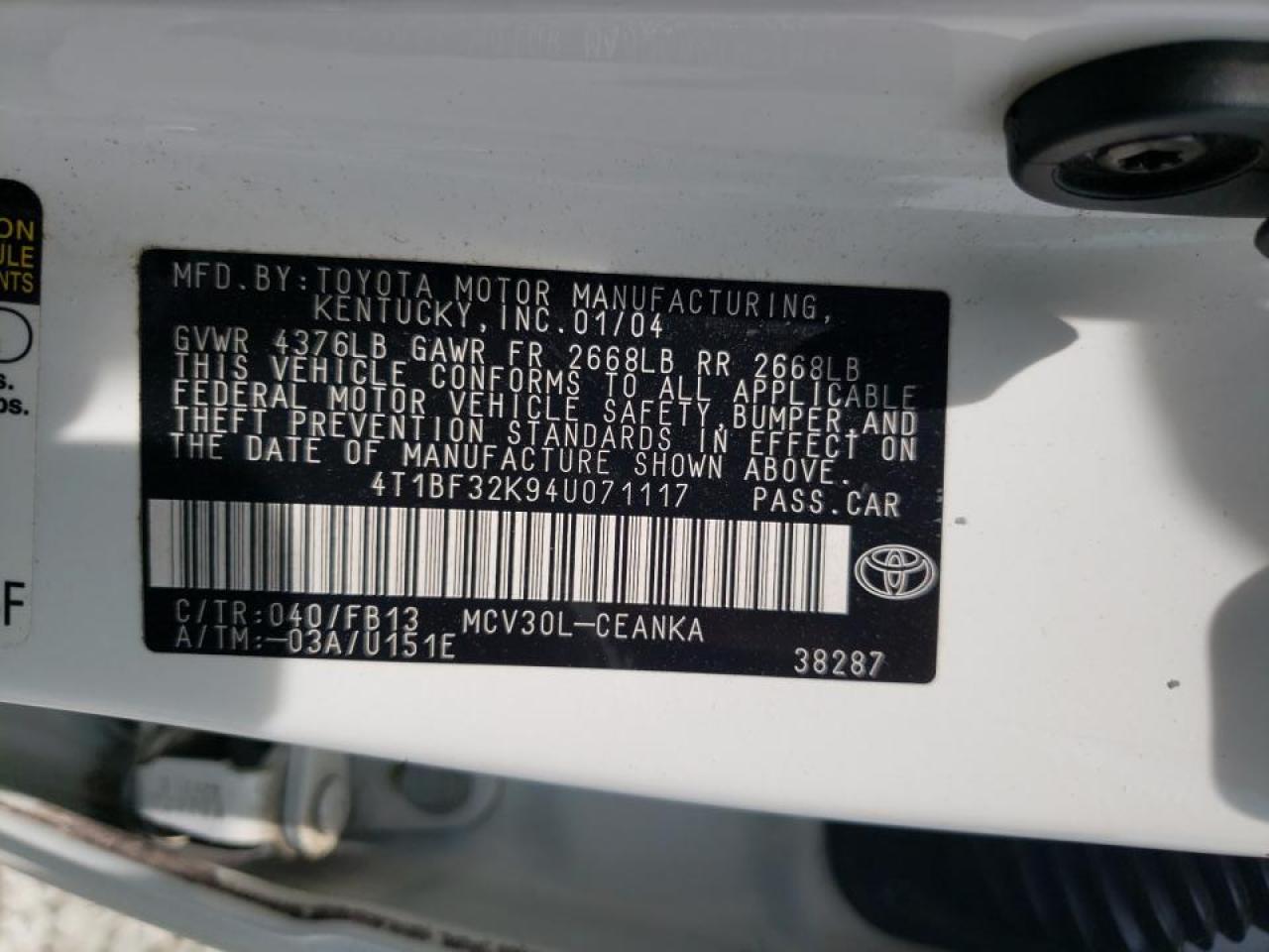Photo 10 from auction – 2004 TOYOTA CAMRY with VIN 4T1BF32K94U071117