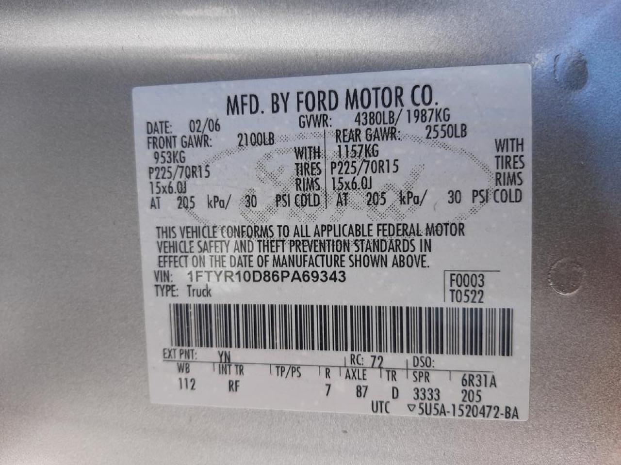 Photo 10 from auction – 2006 FORD RANGER with VIN 1FTYR10D86PA69343