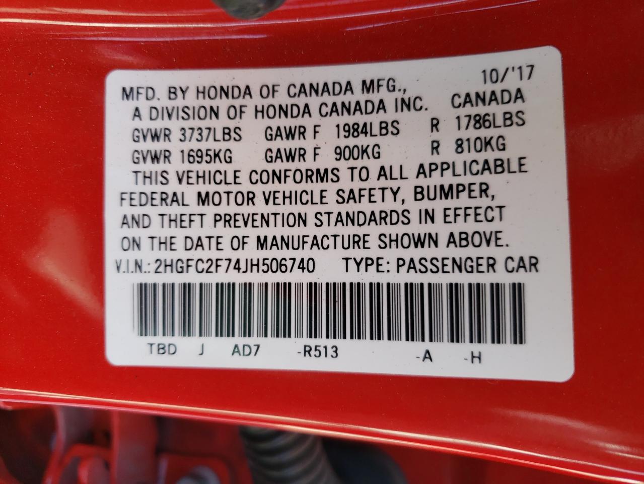 Photo 10 from auction – 2018 HONDA CIVIC EX with VIN 2HGFC2F74JH506740