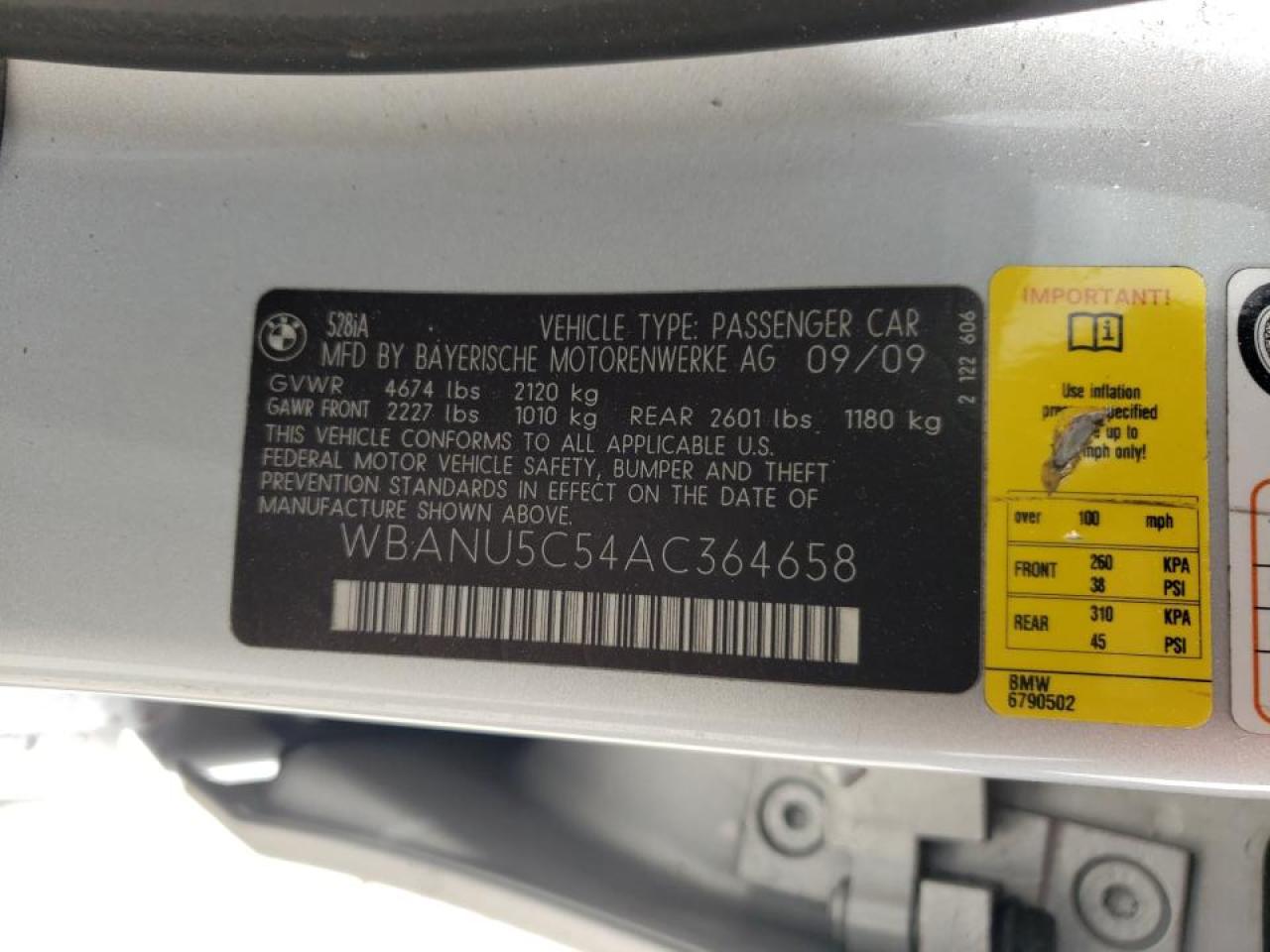 Photo 10 from auction – 2010 BMW 528 I with VIN WBANU5C54AC364658
