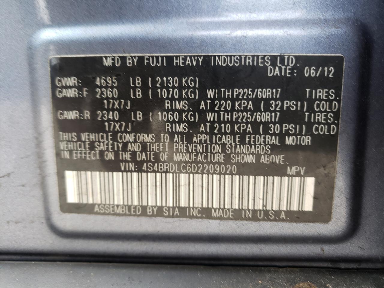 Photo 10 from auction – 2013 SUBARU OUTBACK with VIN 4S4BRDLC6D2209020