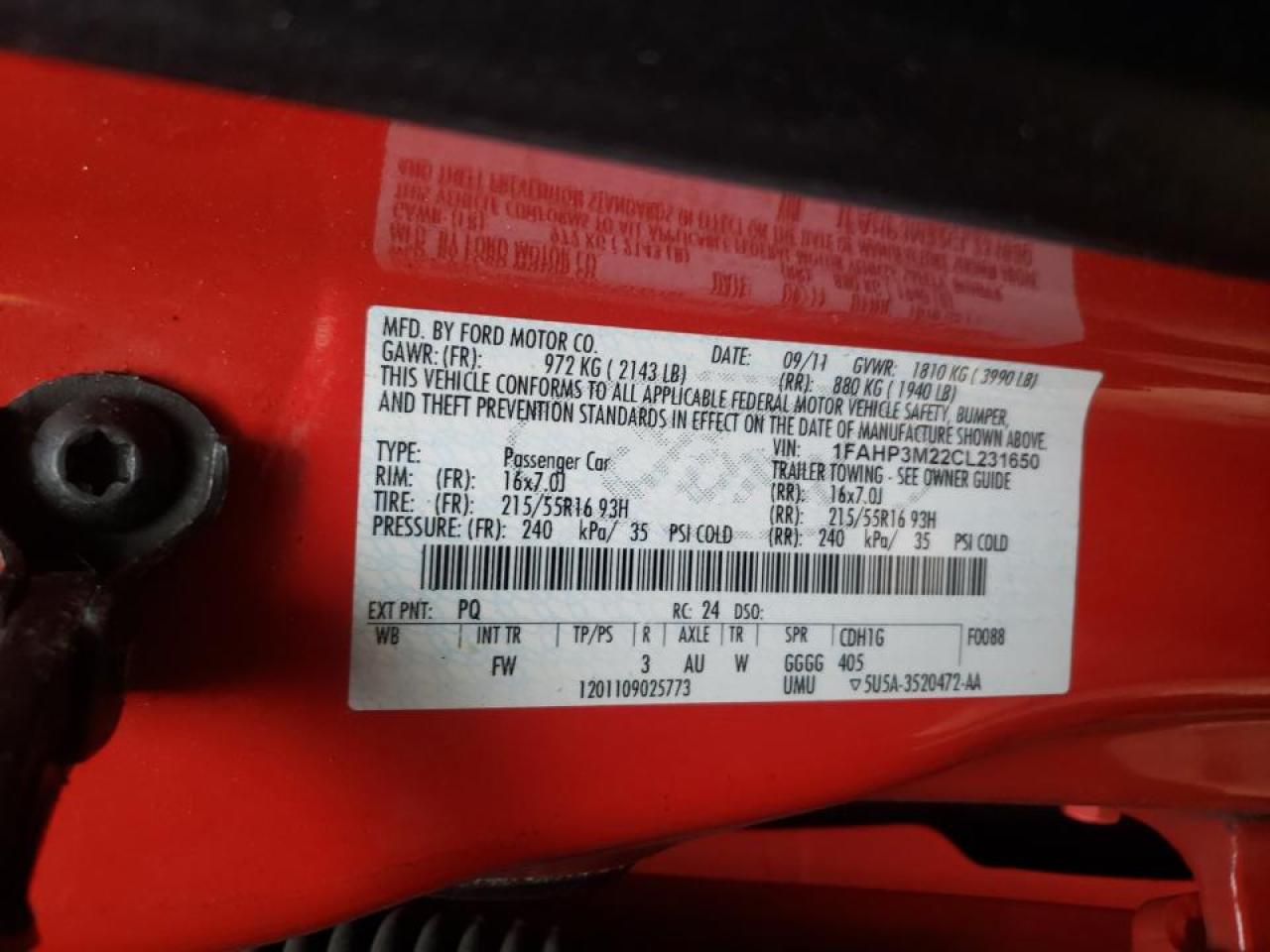 Photo 10 from auction – 2012 FORD FOCUS SEL with VIN 1FAHP3M22CL231650