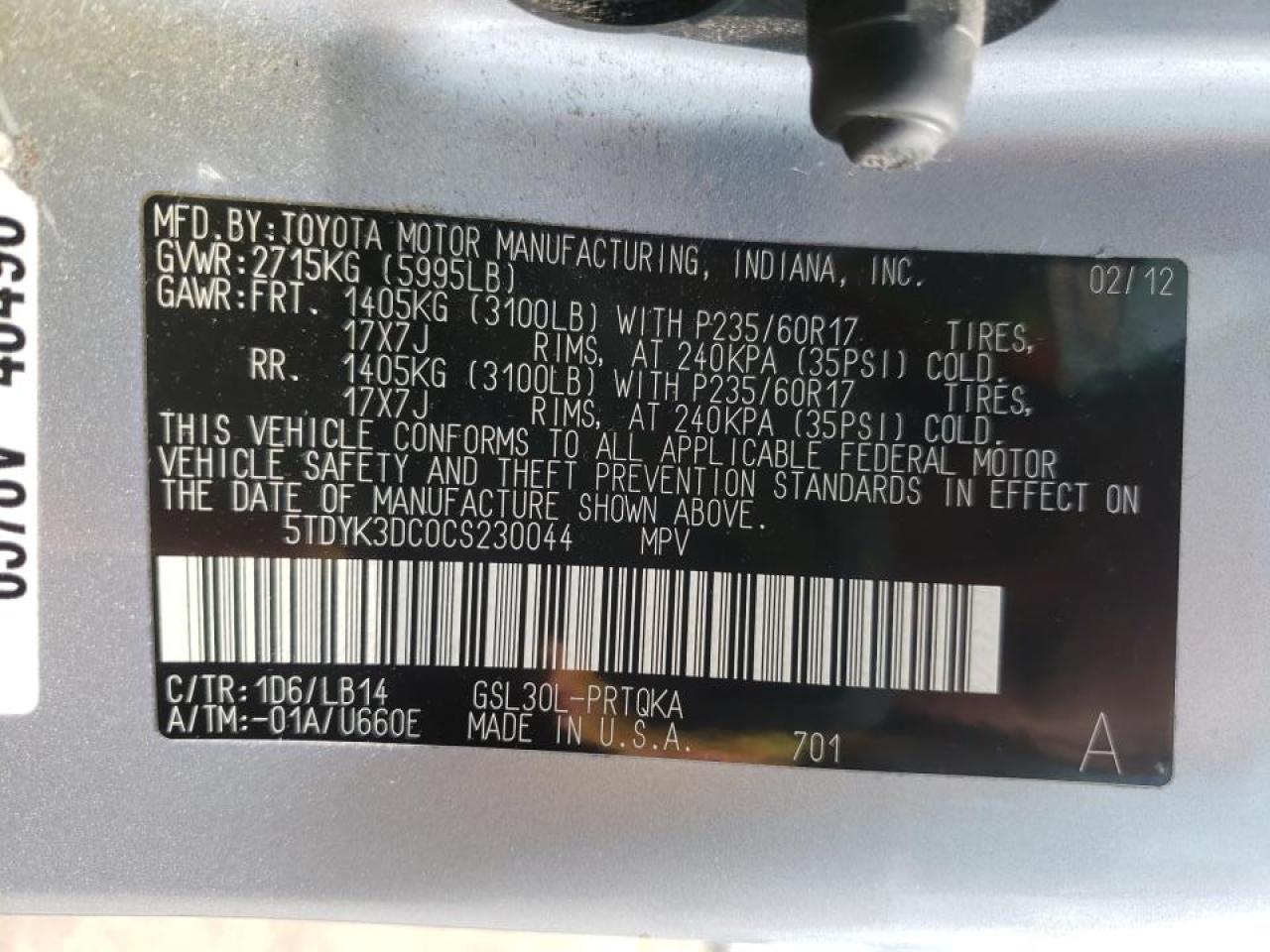 Photo 10 from auction – 2012 TOYOTA SIENNA XLE with VIN 5TDYK3DC0CS230044