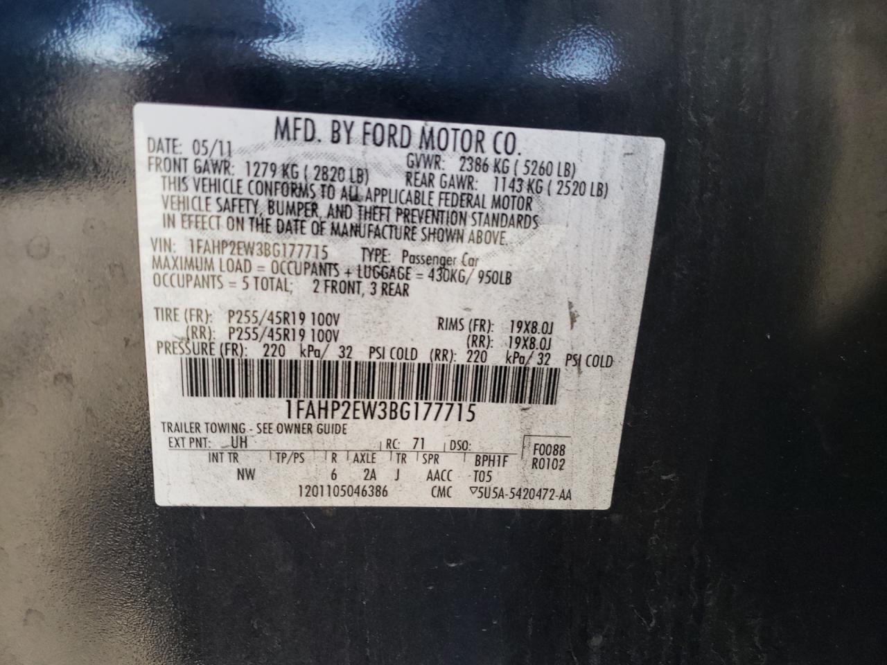 Photo 10 from auction – 2011 FORD TAURUS SEL with VIN 1FAHP2EW3BG177715