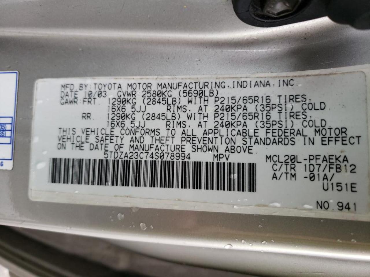 Photo 10 from auction – 2004 TOYOTA UK with VIN 5TDZA23C74S078994
