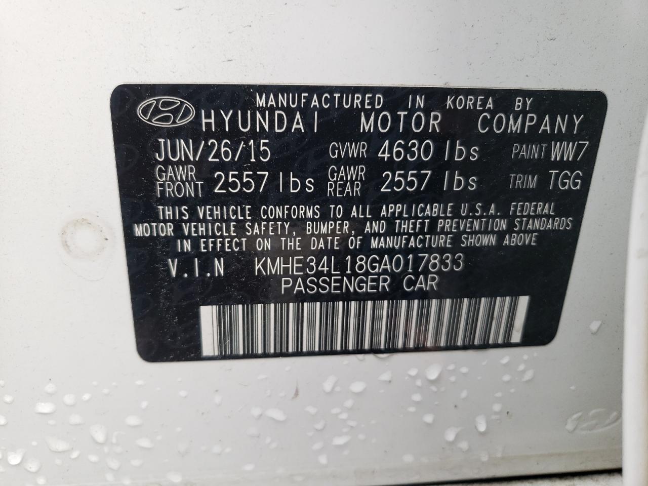 Photo 10 from auction – 2016 HYUNDAI SONATA HYB with VIN KMHE34L18GA017833