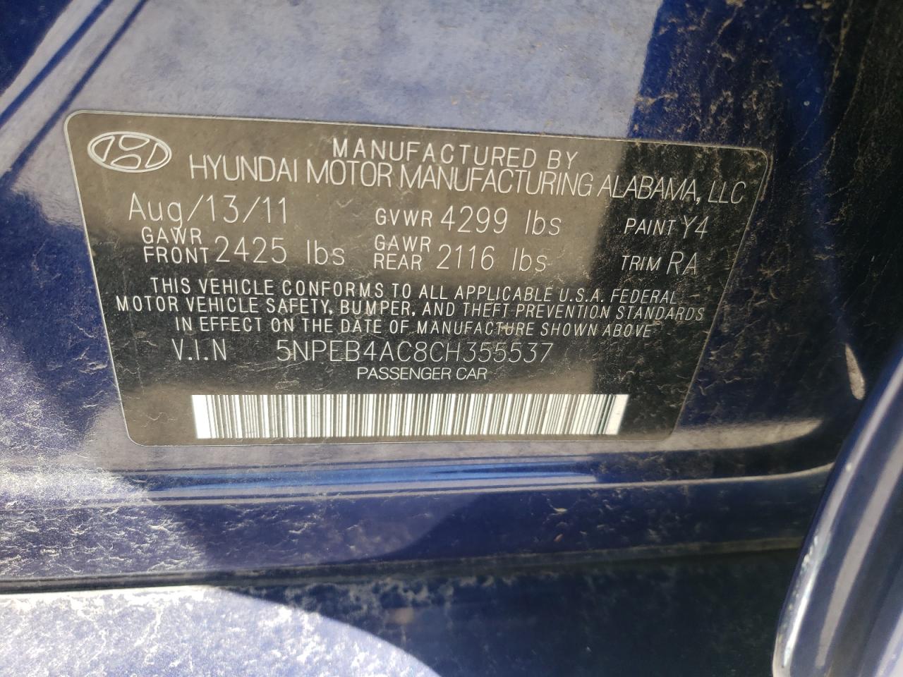 Photo 10 from auction – 2012 HYUNDAI SONATA GLS with VIN 5NPEB4AC8CH355537