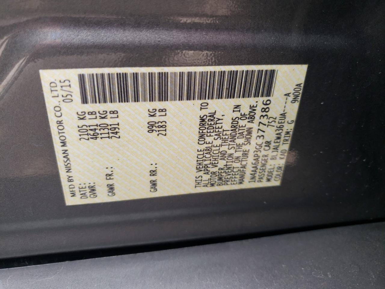Photo 10 from auction – 2016 NISSAN MAXIMA 3.5 with VIN 1N4AA6AP3GC377386