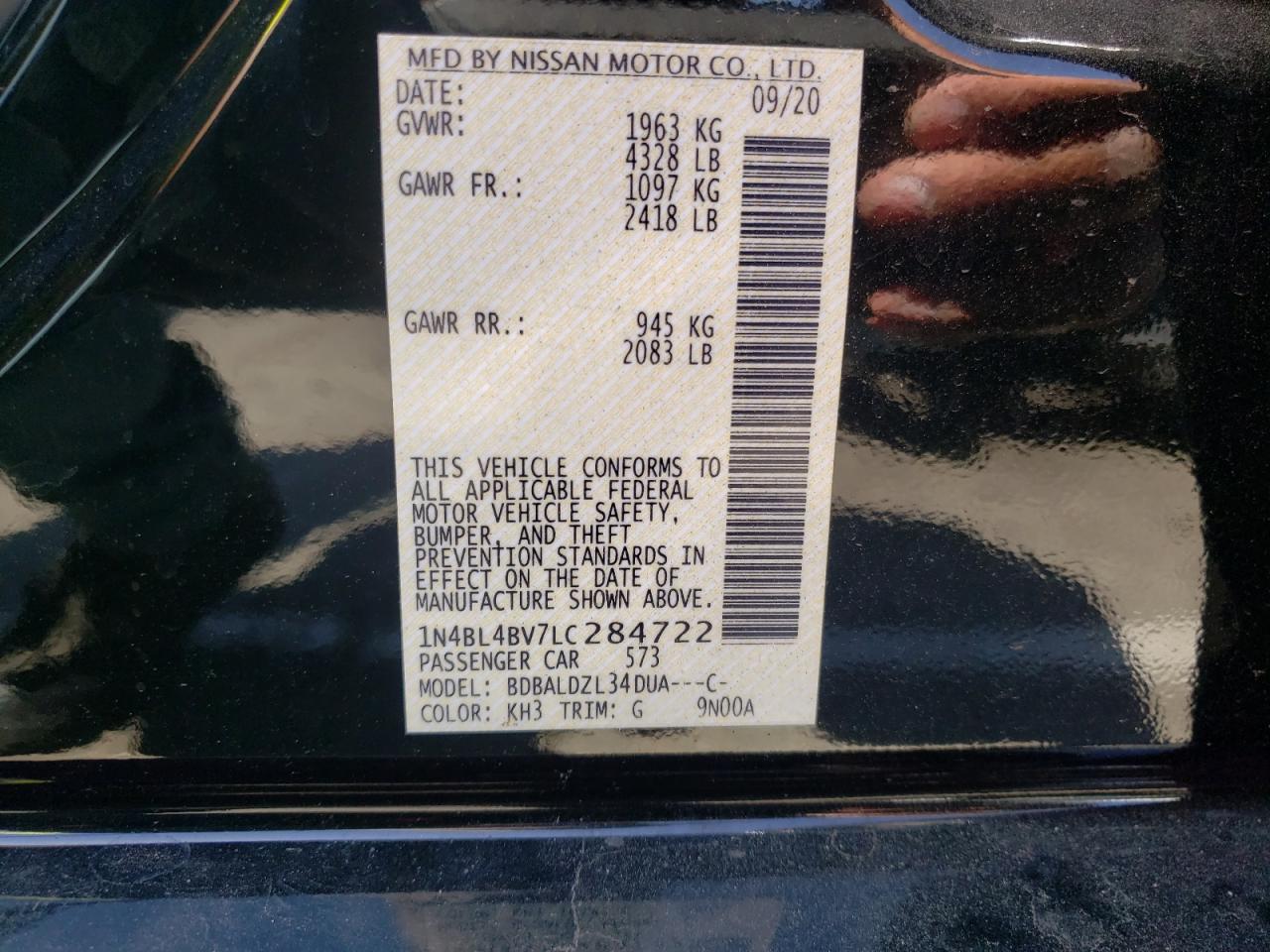 Photo 10 from auction – 2020 NISSAN ALTIMA S with VIN 1N4BL4BV7LC284722