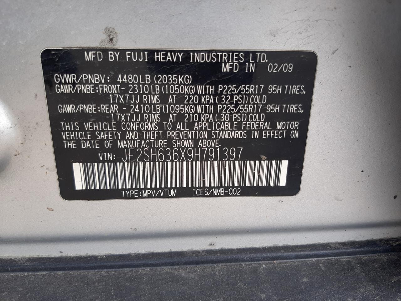 Photo 10 from auction – 2009 SUBARU FORESTER 2 with VIN JF2SH636X9H791397