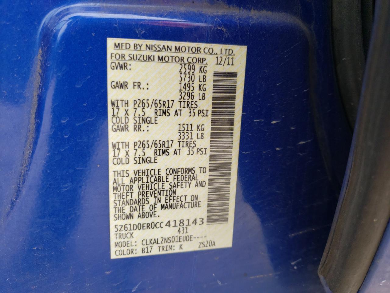 Photo 10 from auction – 2012 SUZUKI EQUATOR SP with VIN 5Z61D0ER0CC418143
