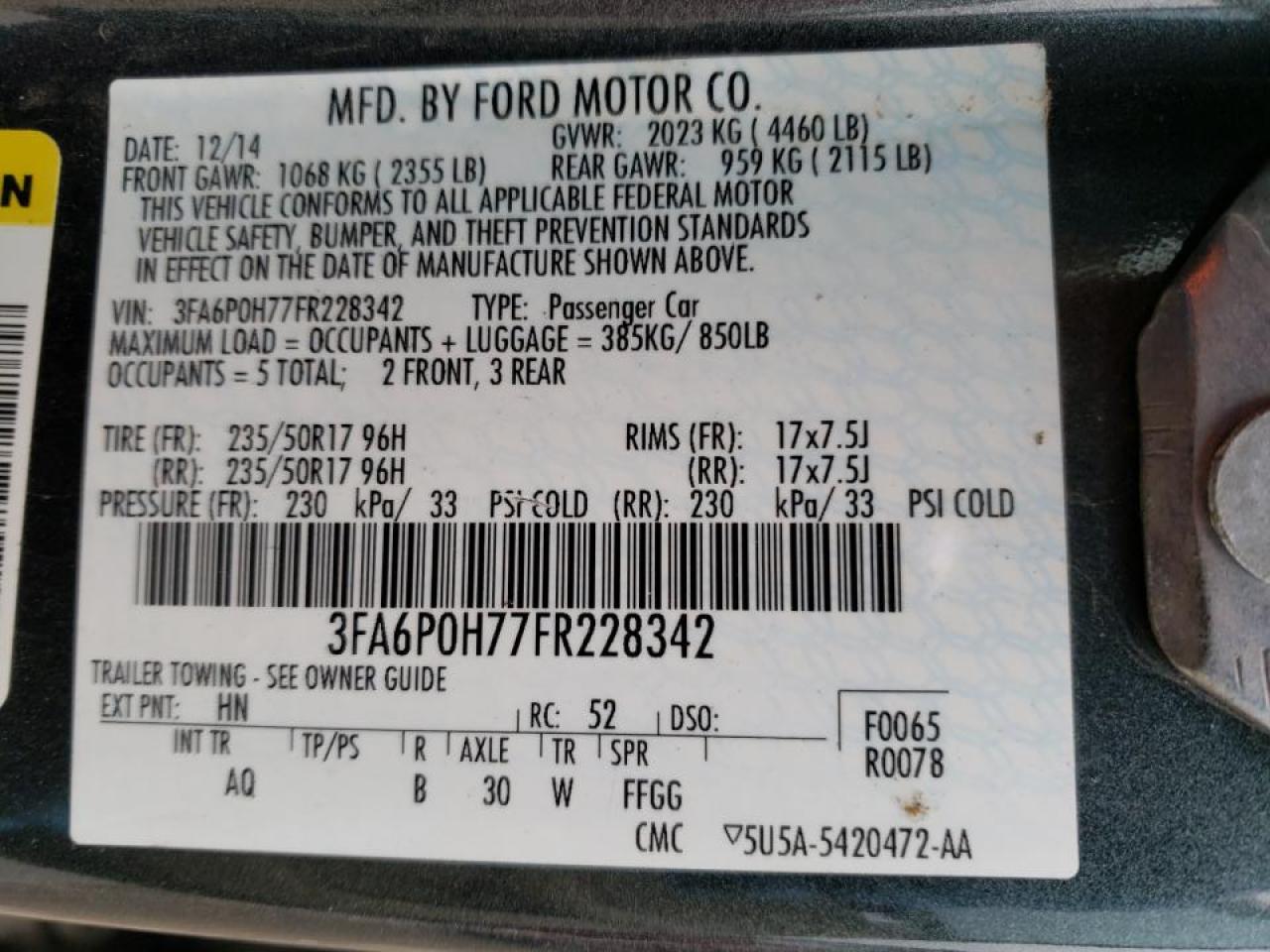 Photo 10 from auction – 2015 FORD FUSION SE with VIN 3FA6P0H77FR228342