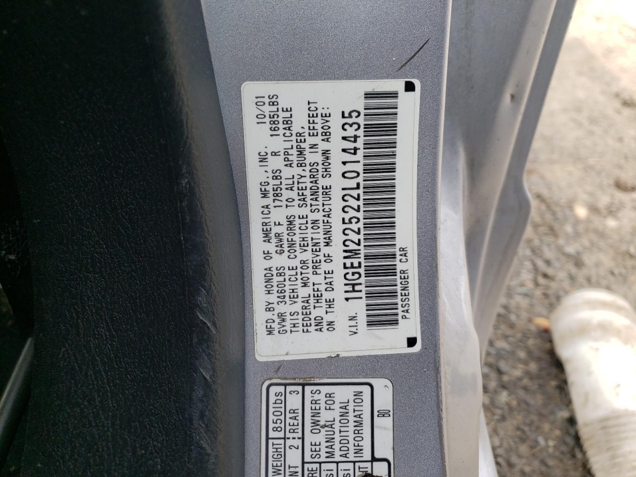 Photo 10 from auction – 2002 HONDA CIVIC LX with VIN 1HGEM22522L014435