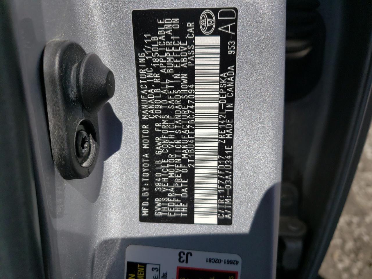 Photo 10 from auction – 2011 TOYOTA COROLLA S with VIN 2T1BU4EE7BC747094