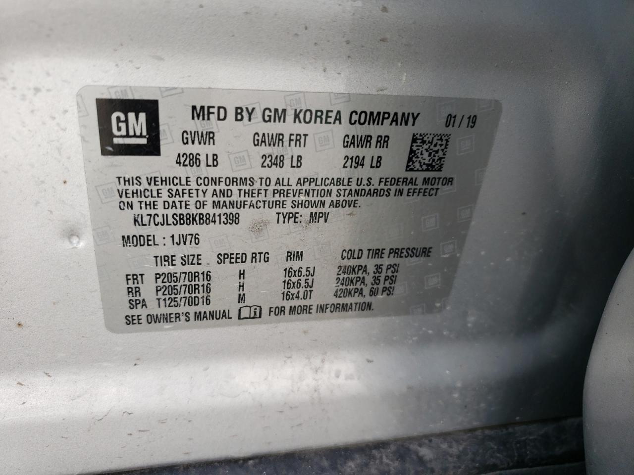Photo 10 from auction – 2019 CHEVROLET TRAX 1LT with VIN KL7CJLSB8KB841398