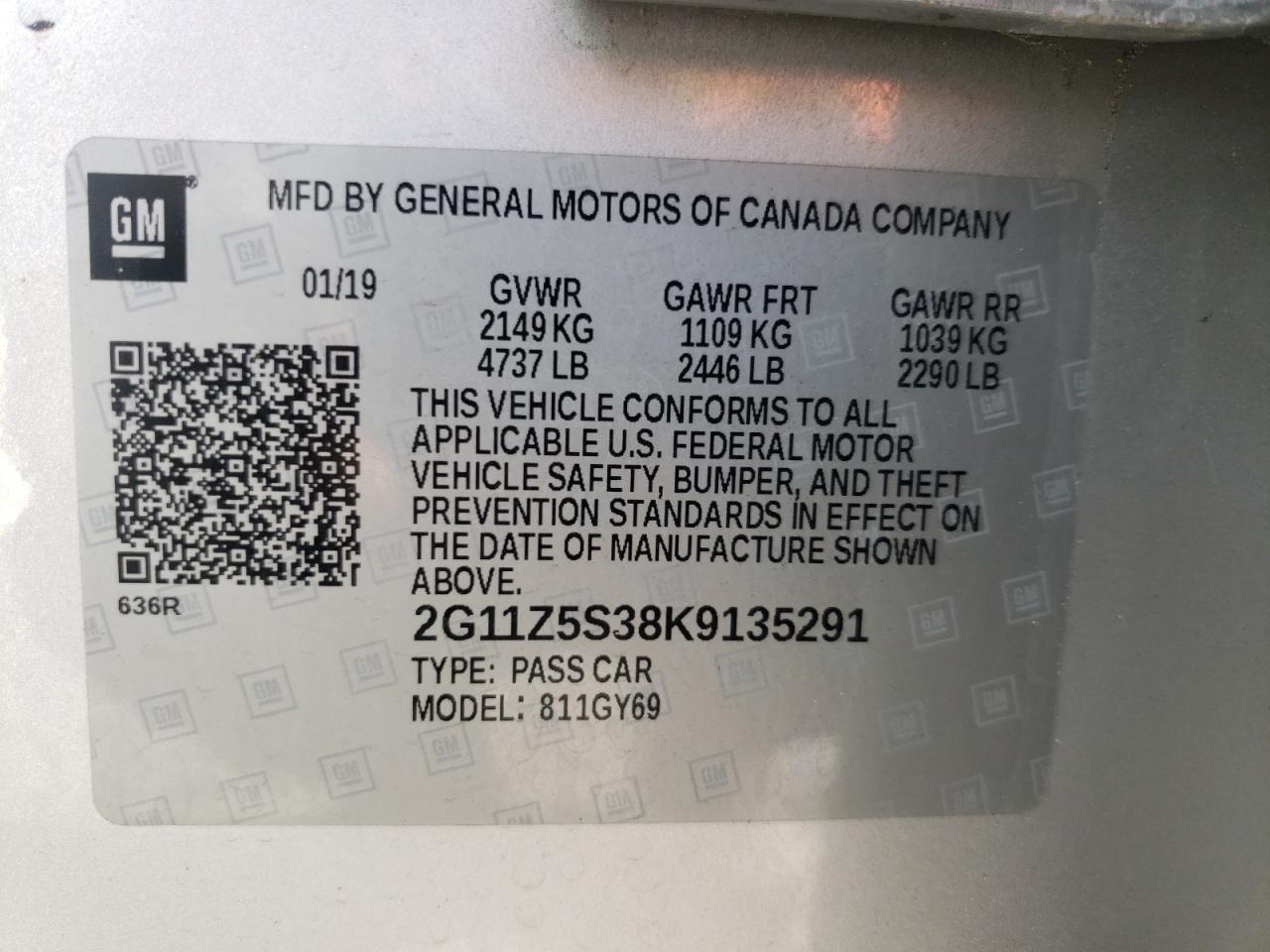 Photo 10 from auction – 2019 CHEVROLET IMPALA LT with VIN 2G11Z5S38K9135291