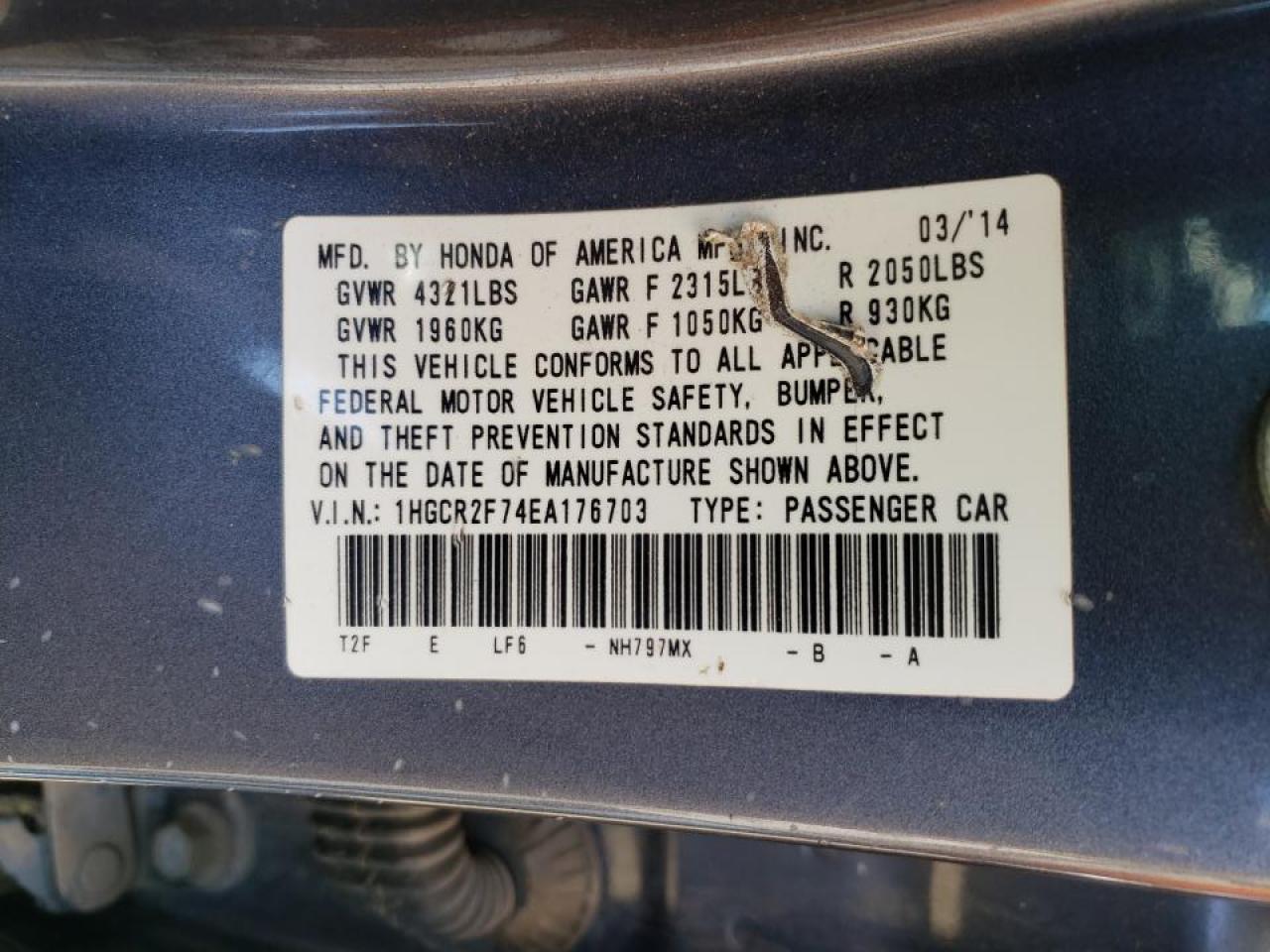 Photo 10 from auction – 2014 HONDA ACCORD EX with VIN 1HGCR2F74EA176703
