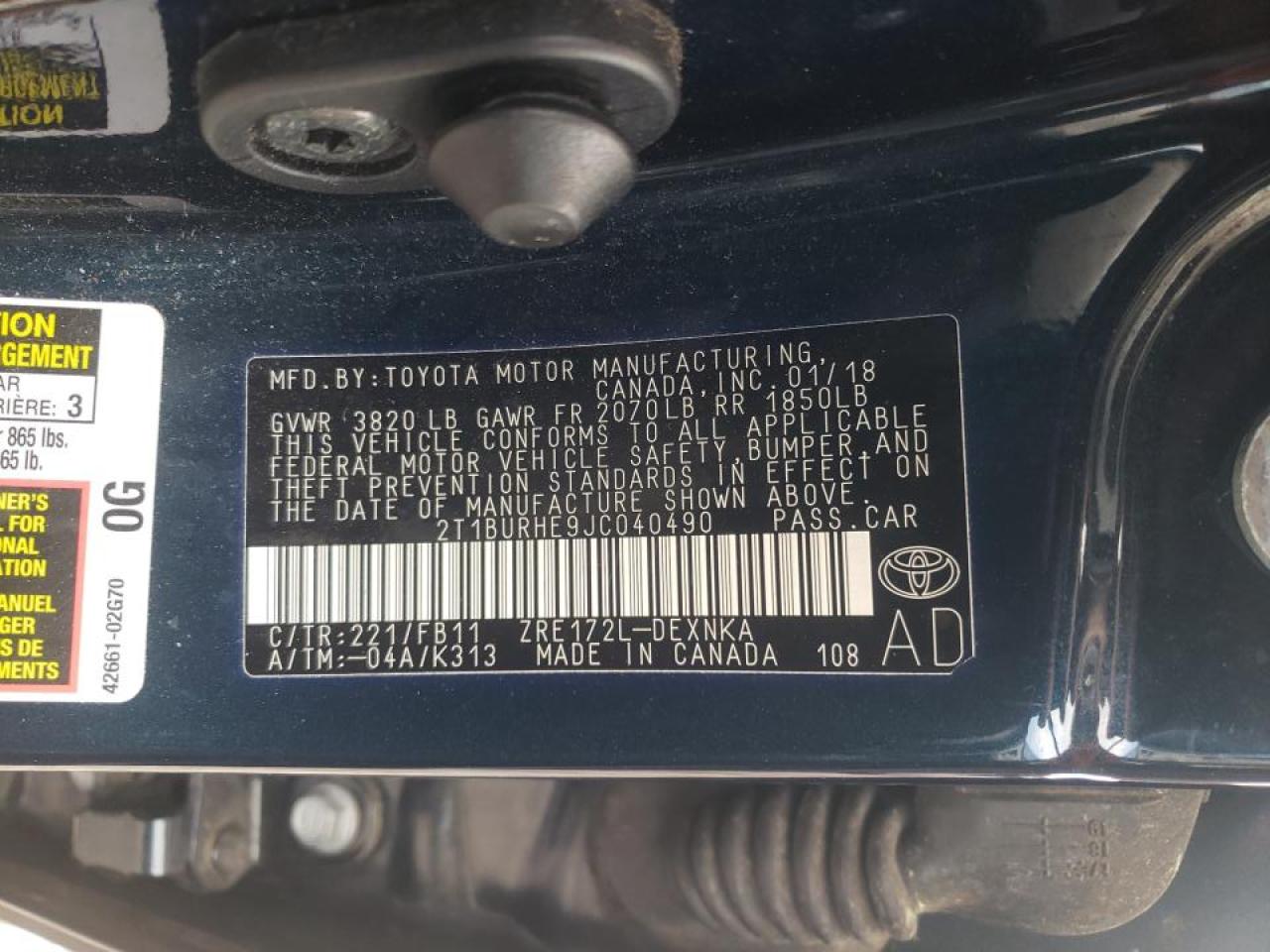 Photo 10 from auction – 2018 TOYOTA COROLLA L with VIN 2T1BURHE9JC040490