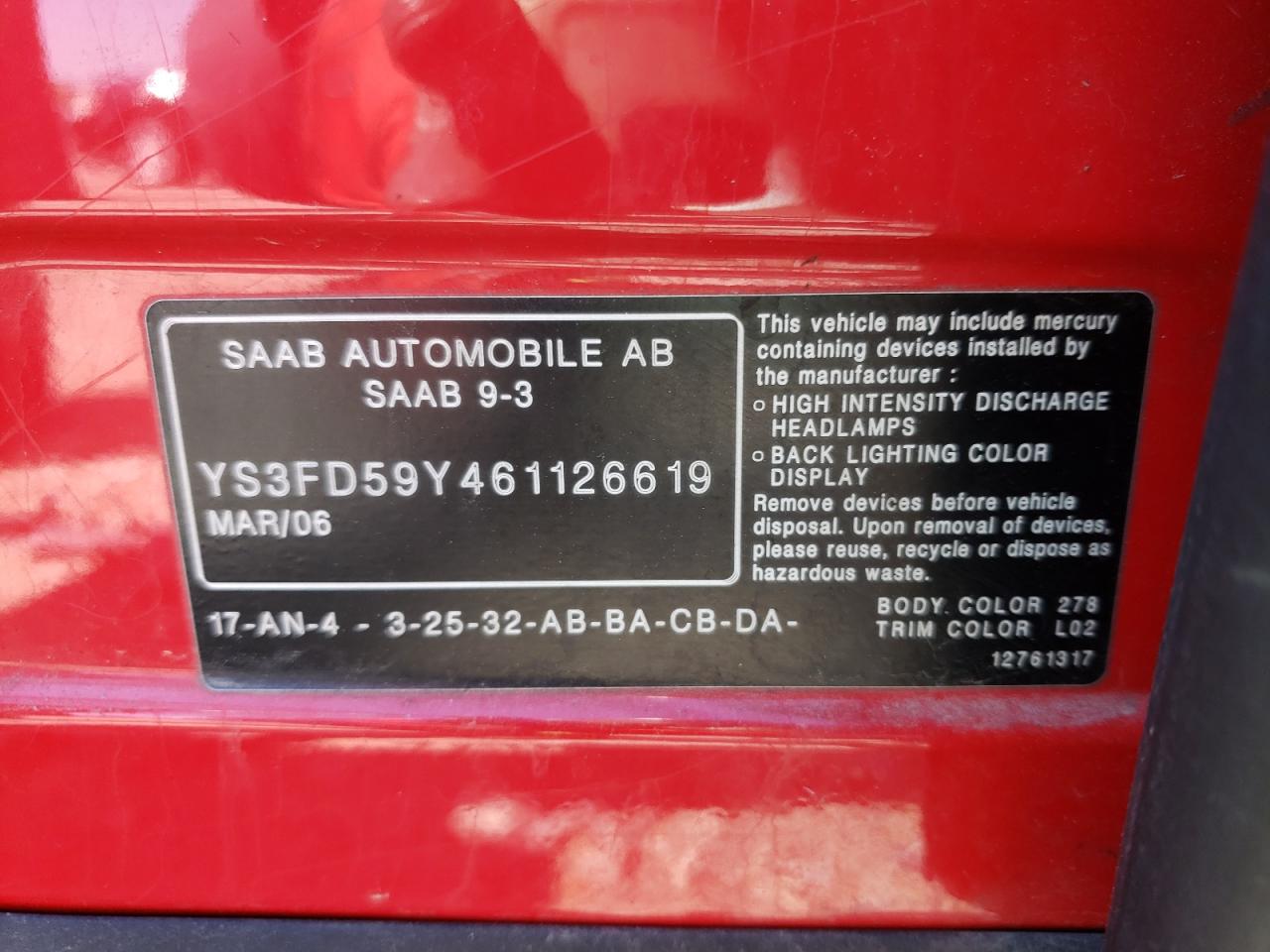 Photo 10 from auction – 2006 SAAB 9-3 with VIN YS3FD59Y461126619