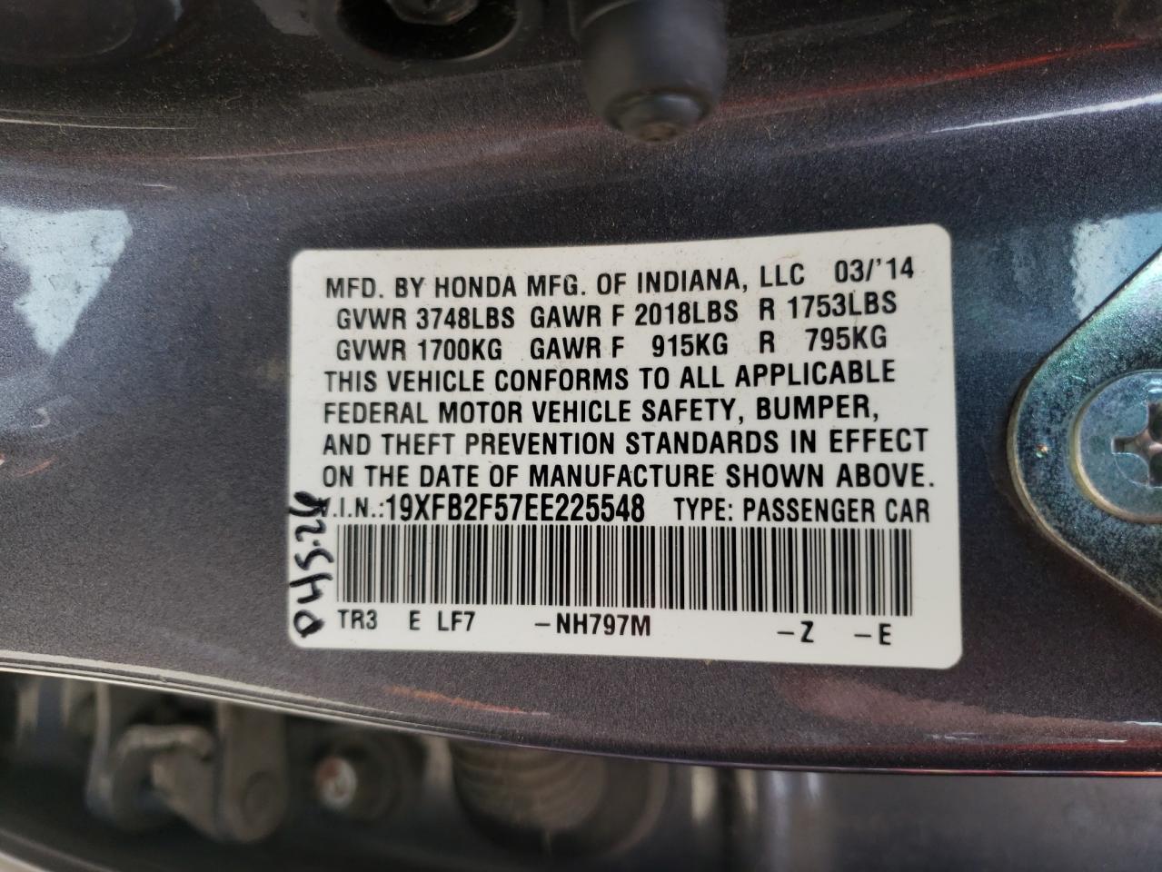 Photo 10 from auction – 2014 HONDA CIVIC LX with VIN 19XFB2F57EE225548