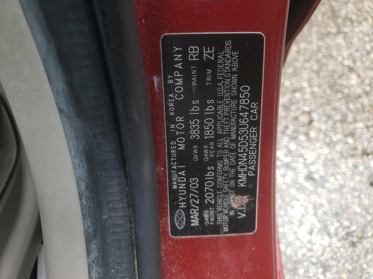 Photo 10 from auction – 2003 HYUNDAI ELANTRA GL with VIN KMHDN45D53U647850