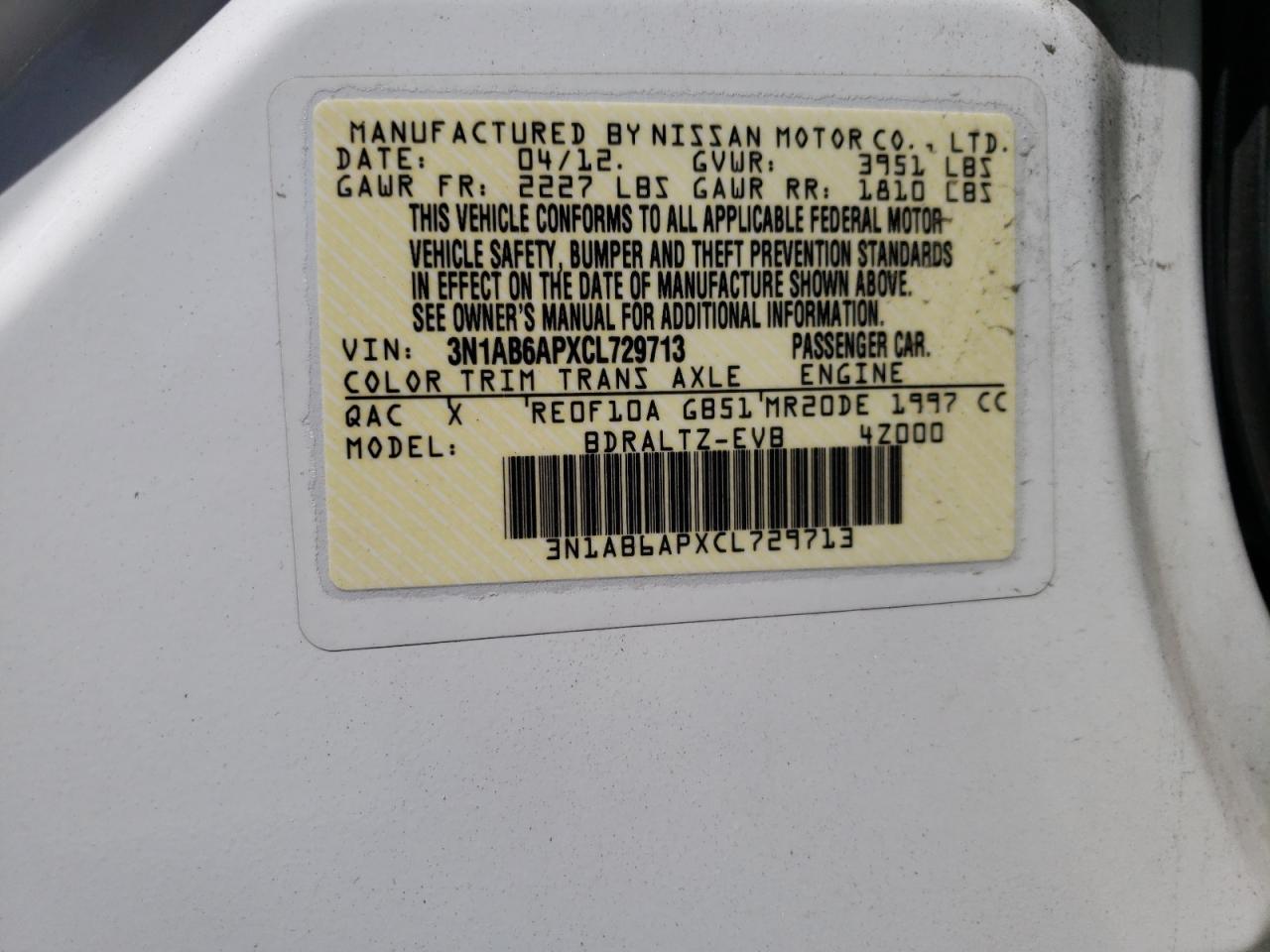 Photo 10 from auction – 2012 NISSAN SENTRA 2.0 with VIN 3N1AB6APXCL729713