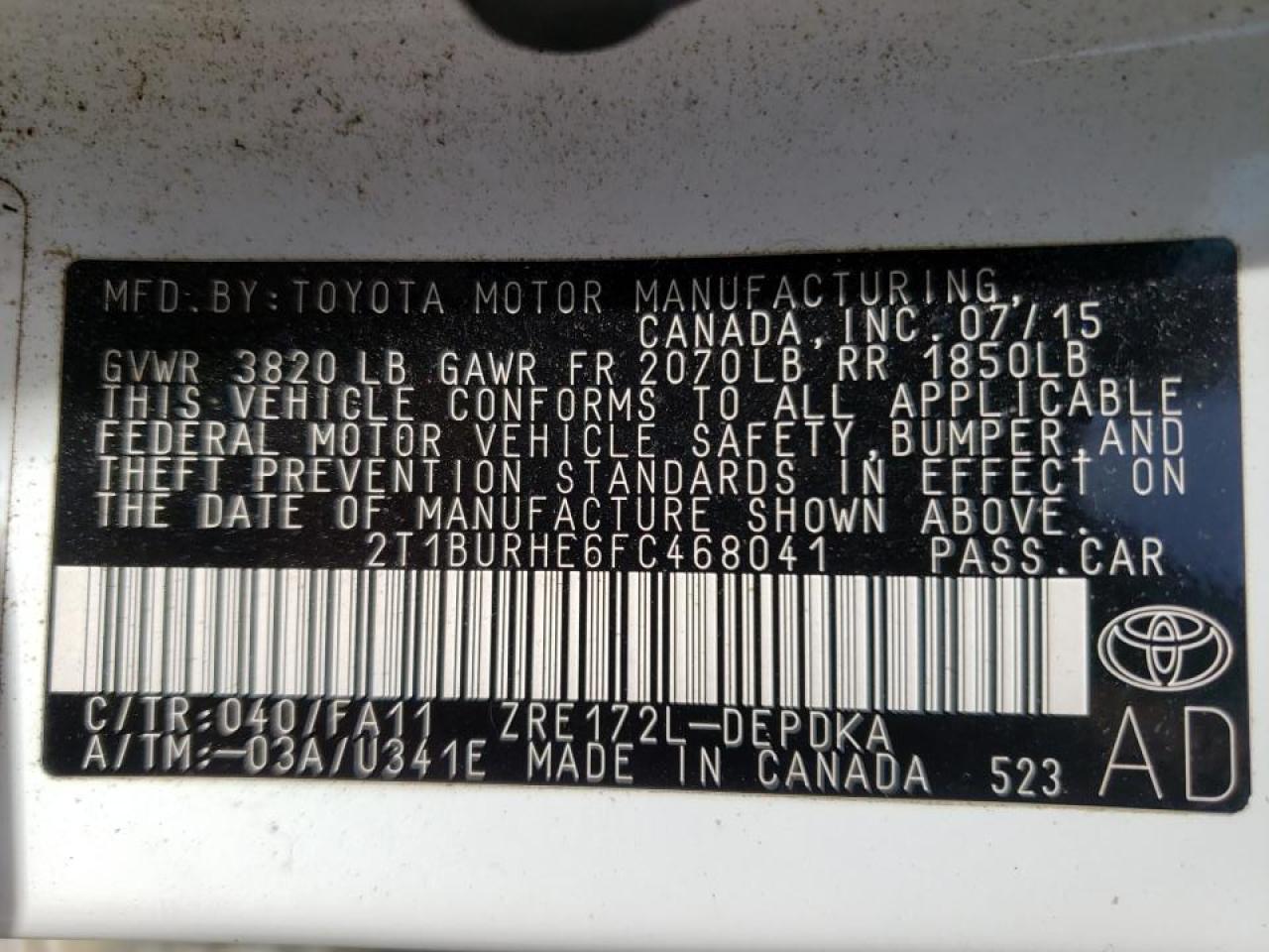 Photo 10 from auction – 2015 TOYOTA COROLLA L with VIN 2T1BURHE6FC468041