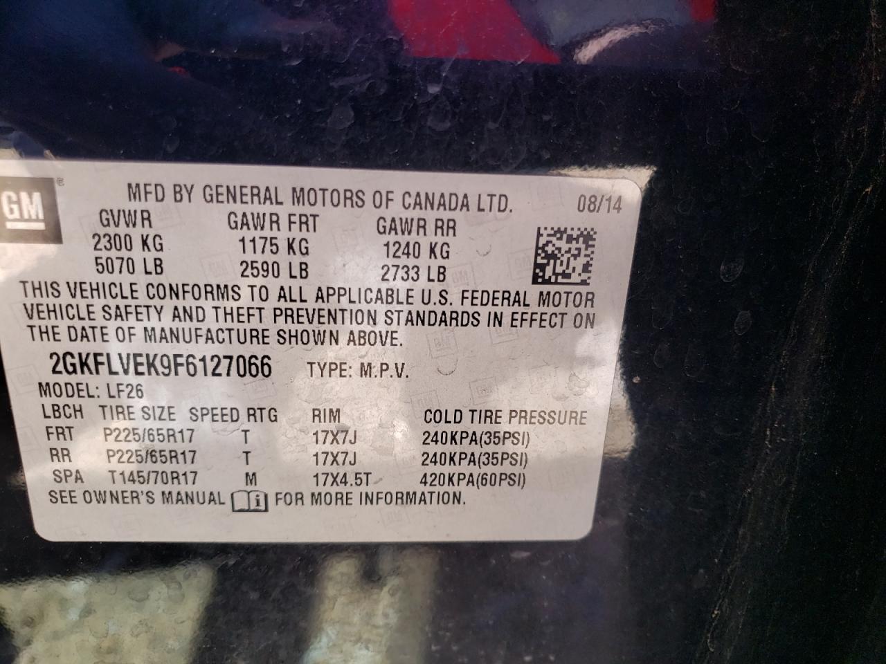 Photo 10 from auction – 2015 GMC TERRAIN SL with VIN 2GKFLVEK9F6127066