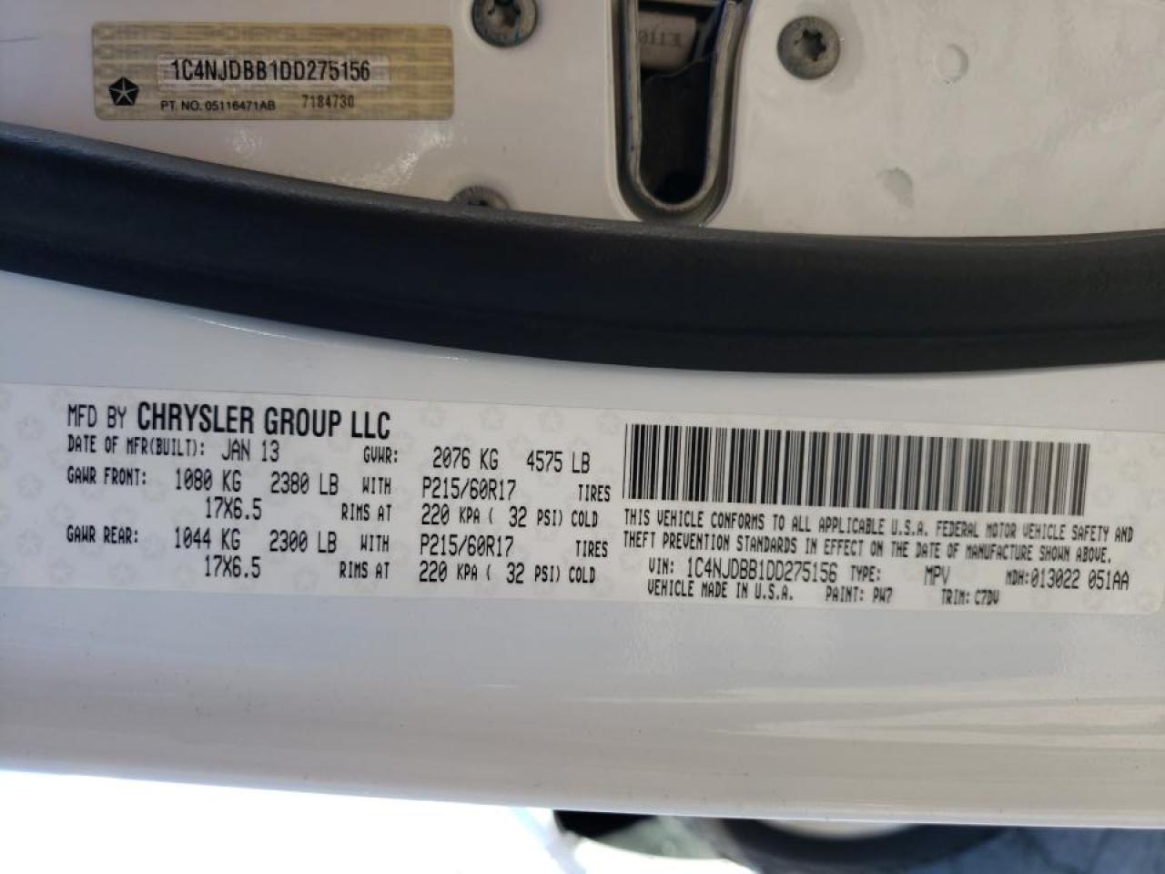 Photo 10 from auction – 2013 JEEP COMPASS SP with VIN 1C4NJDBB1DD275156