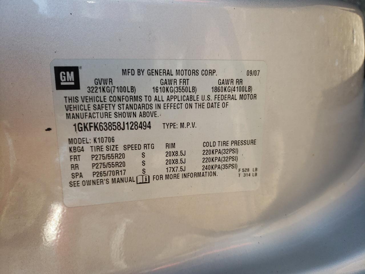 Photo 10 from auction – 2008 GMC YUKON DENA with VIN 1GKFK63858J128494