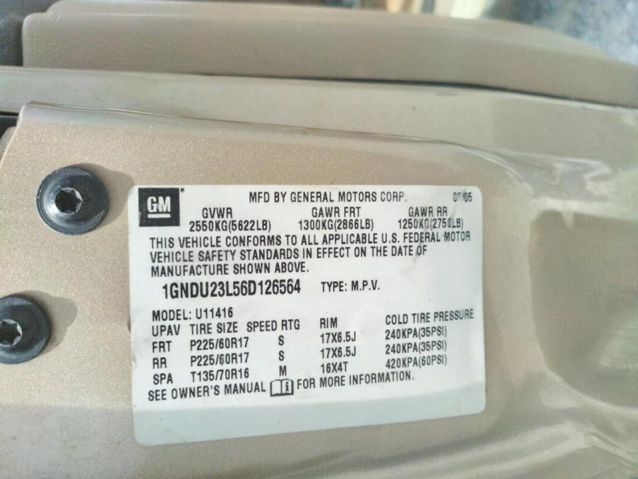 Photo 10 from auction – 2006 CHEVROLET UPLANDER L with VIN 1GNDU23L56D126564