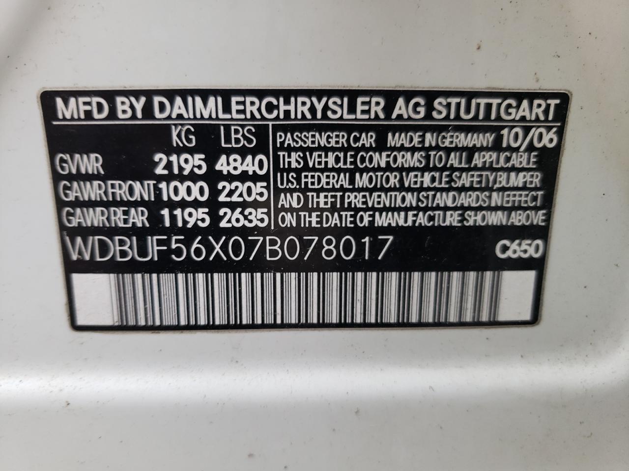 Photo 10 from auction – 2007 MERCEDES-BENZ E 350 with VIN WDBUF56X07B078017