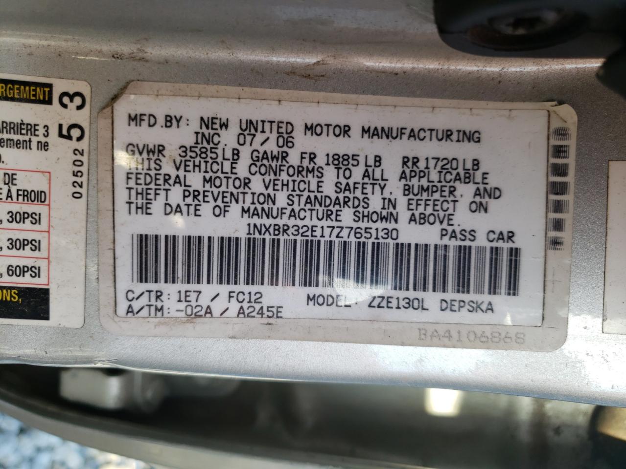 Photo 10 from auction – 2007 TOYOTA COROLLA CE with VIN 1NXBR32E17Z765130