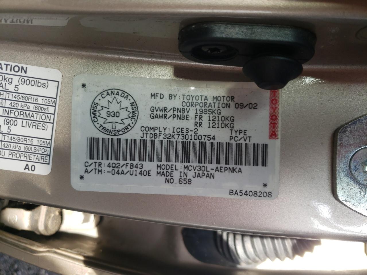 Photo 10 from auction – 2003 TOYOTA CAMRY LE with VIN JTDBF32K730100754