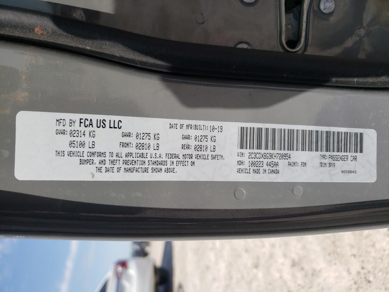 Photo 10 from auction – 2019 DODGE CHARGER SX with VIN 2C3CDXBG9KH720954